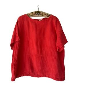 Eileen Fisher Organic Cotton Gauze Boxy Top Watermelon Red Sz L EUC